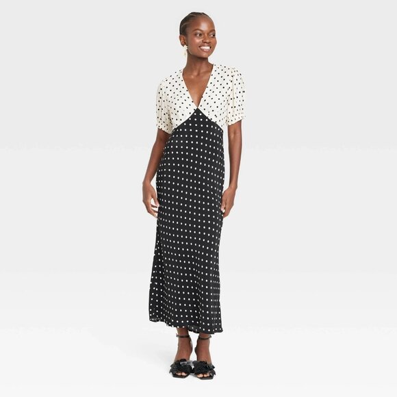 Small - Womens Crepe Puff Short Sleeve Midi Dress - A New Day - Polka Dots - Picture 8 of 9